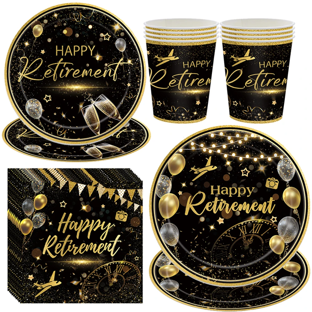 Retirement Decorations For Men Black and Gold Disposable Tablerware Decors Plates Cups Napkins Tablecloth for Women Men Party