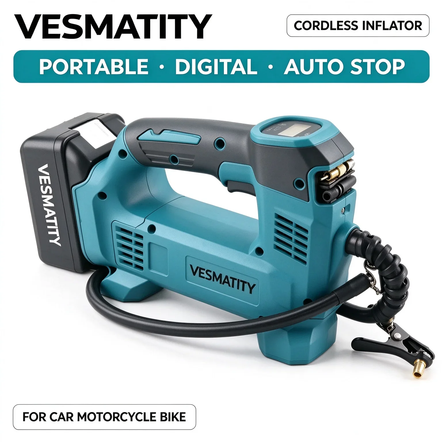 Portable Cordless Tire Inflator Handheld Electric Air Inflator High Pressure Air Pump Digital Pressure Gauge for Car Motorcycle