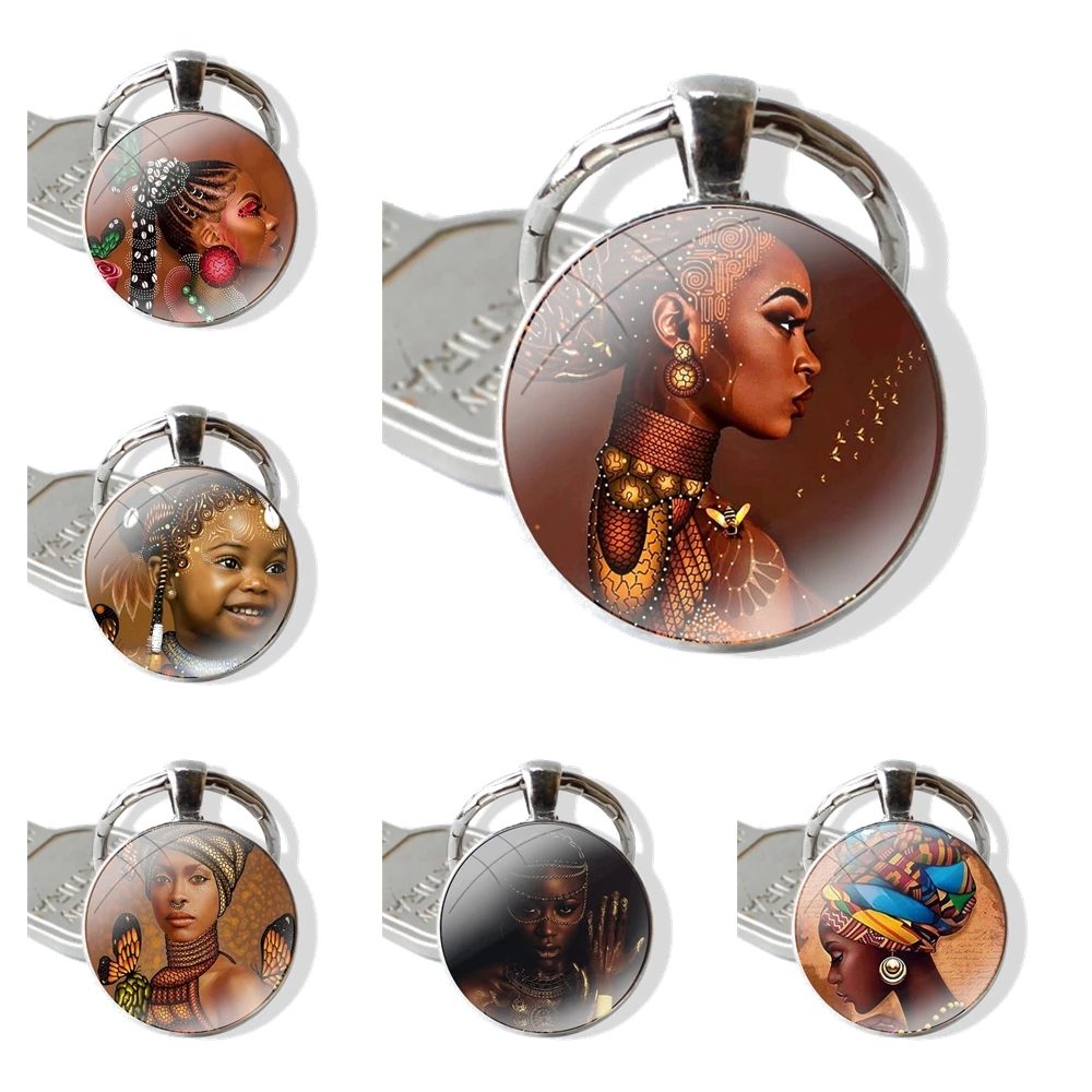 Keychain Handmade Glass Cabochon Key Ring Holder Pendant Key Chains African Woman Picture Black Girl Indian Woman Sexy