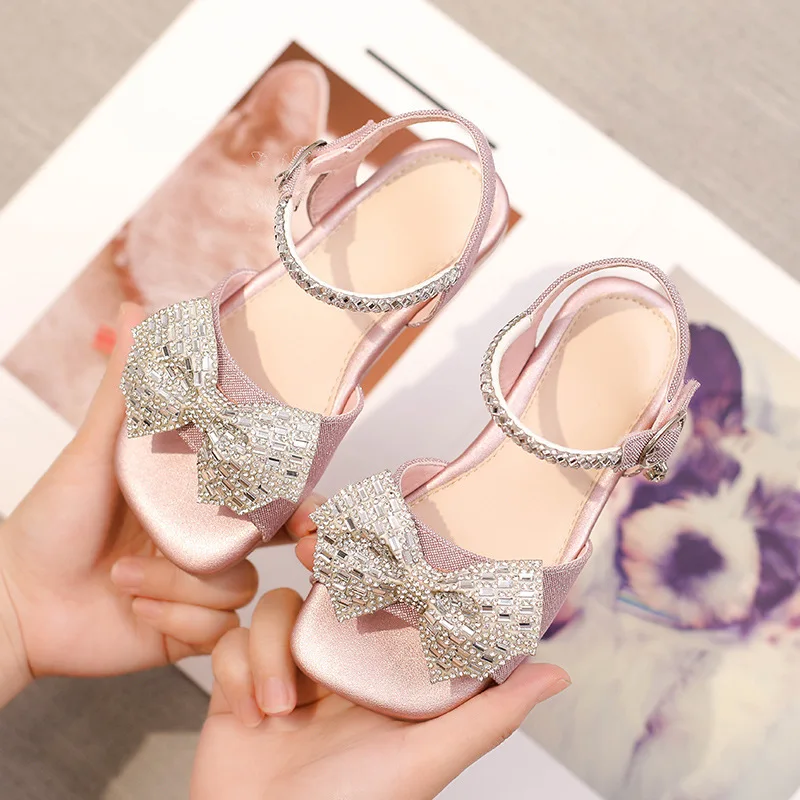 Luxury Kids Blue Pink Princess Dress Up Shoes Sandals for Girls Fashion Wedding Evening Party Cute Bow Dance Shoes School Child