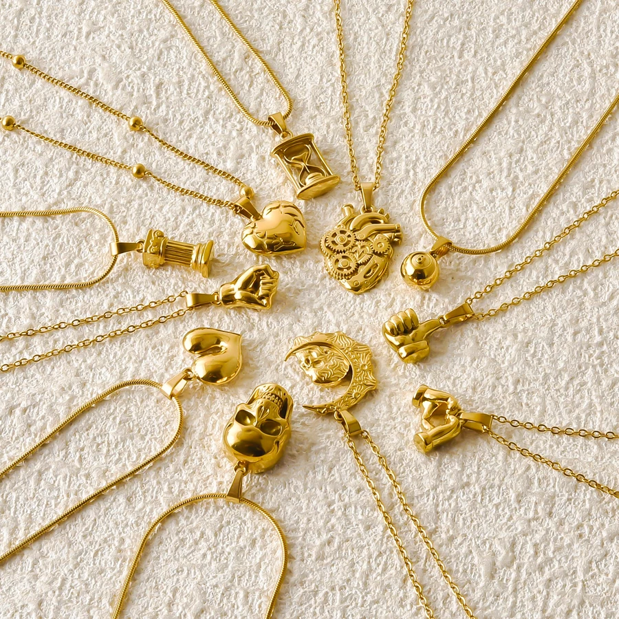 Multi Styles Gold Stainless Steel Charms Necklace Cute Animal Mermaid Tail Castle Hand Necklaces For Women Men Fashion Jewelry
