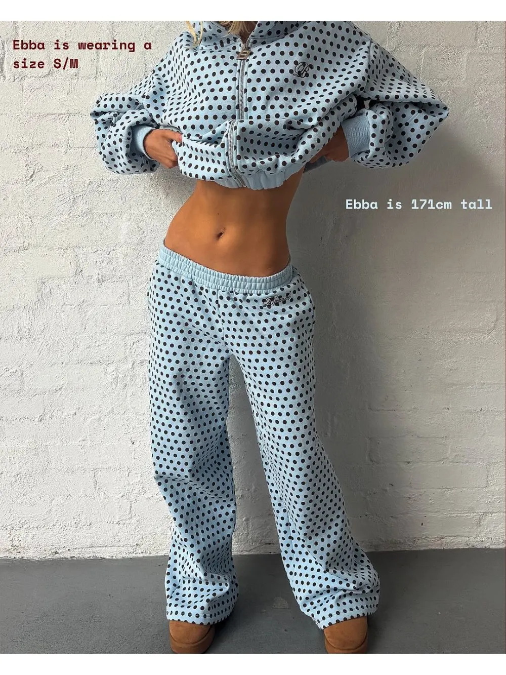 Light Blue Polka Dot Cropped Half Zip Hoodie Set Embroidered High Waist Wide Leg Sweatpants Two Piece Outfit