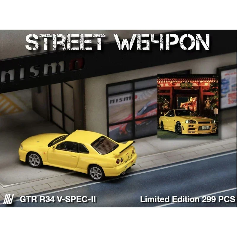 Street Weapon 1:64 GTR R34 V Spec II Electroplated Black Diecast Diorama Car Model Collection Miniature Carros Toys