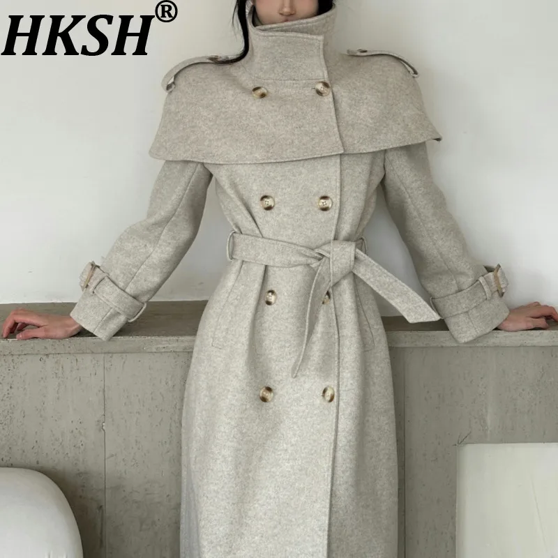 

HKSH Autumn Winter New Women's Long Overcoat Detachable Shawl Cape Stand Collar Double Breasted Sashes Ins Woolen Jacket HK15143