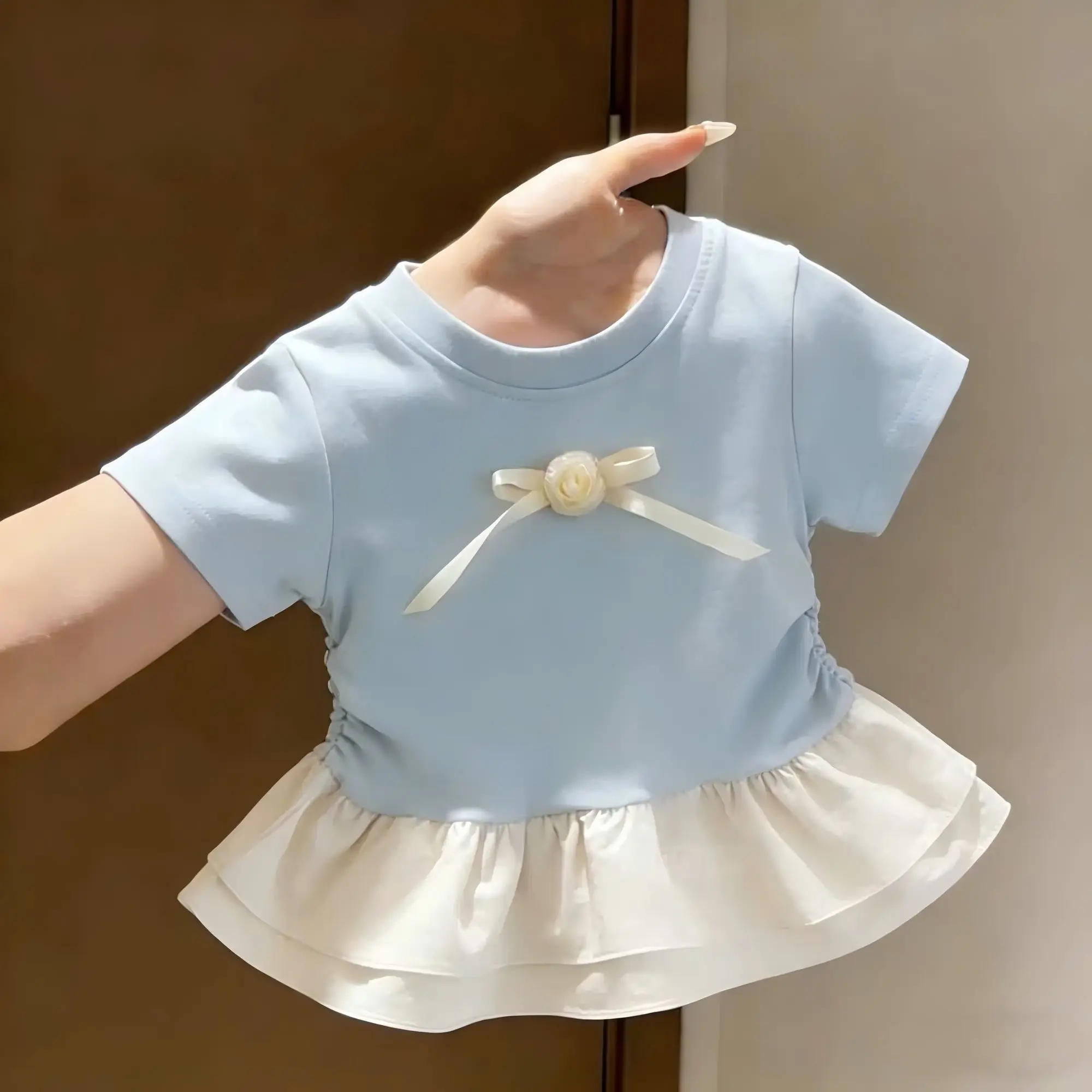 Girls Lotus Leaf Patchwork Short Sleeved Bow T-shirt Summer New Style Sweet Children Versatile 2026 Top