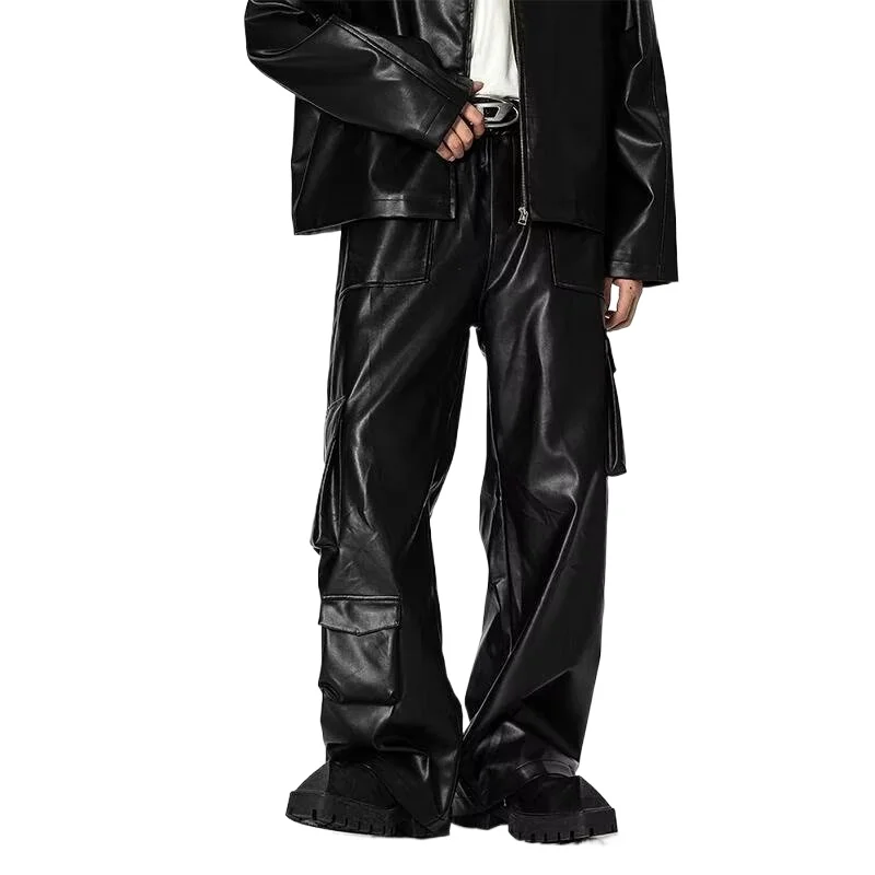 Hip-Hop Punk  Faux Leather Men's Cargo Pants, American Vintage Baggy Trousers for Men, Multi Pocket Work Wear Man Pants