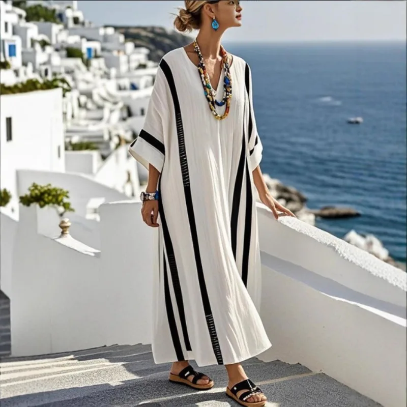 

2025 New Women's Dress with 3D Digital Printing, V-neck Stripes, Five Quarter Sleeves, Long Kafotan Dress