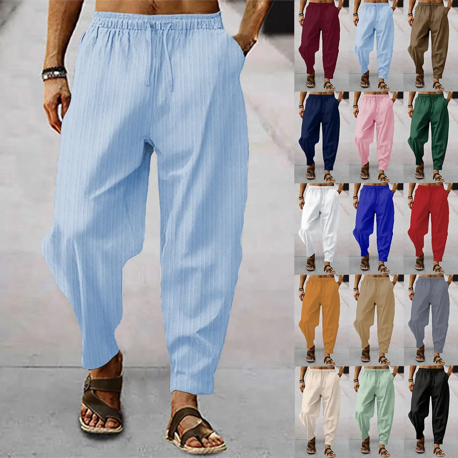 2025 New Spring Summer Men's Casual Loose Haren Pants Cotton Linen Solid Stripe Trousers HipHop Style Male Elastic Waist Pants