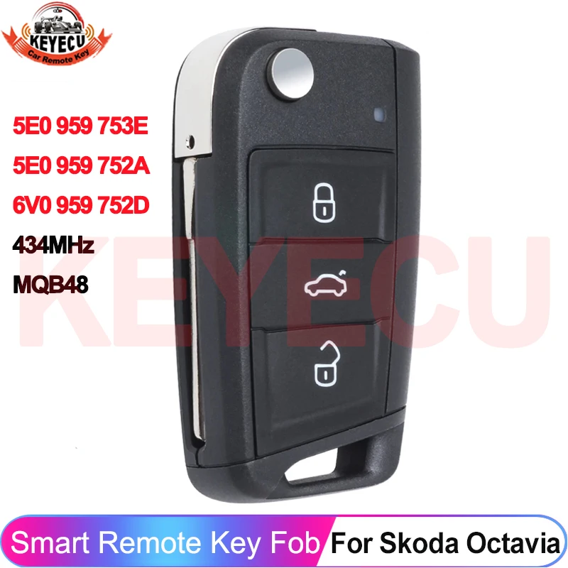 KEYECU OEM Keyless Go 5E0959753E 5E0959752A For Skoda Octavia 2012 2013 2014 2015 2016 2017 2018 Remote Key 434MHz MQB48