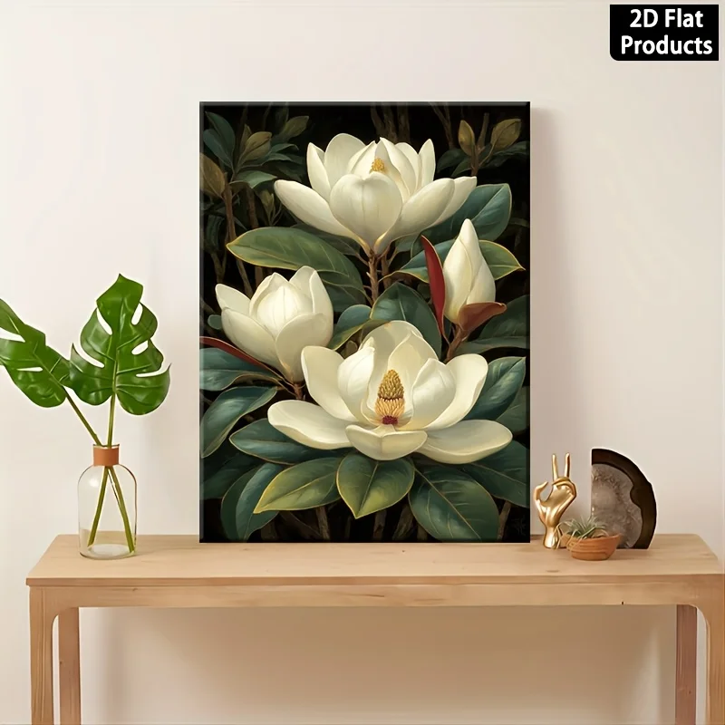 (No frame)2D Flat, 2d Flat 2D Panel, Vintage Nordic Minimalist Style, Zawadzki 2 Style White Magnolia Flowers and Green Leave