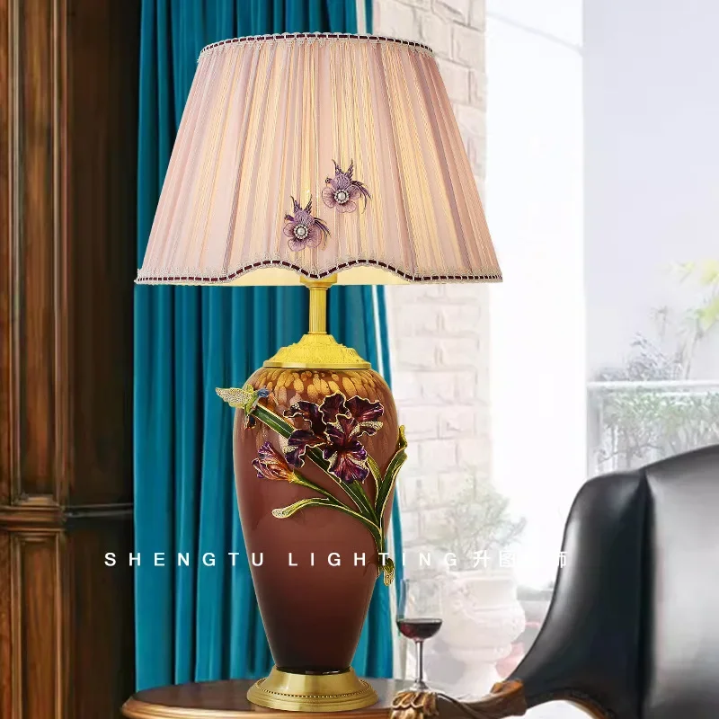 All-copper new Chinese enamel desk lamp, American retro bedroom