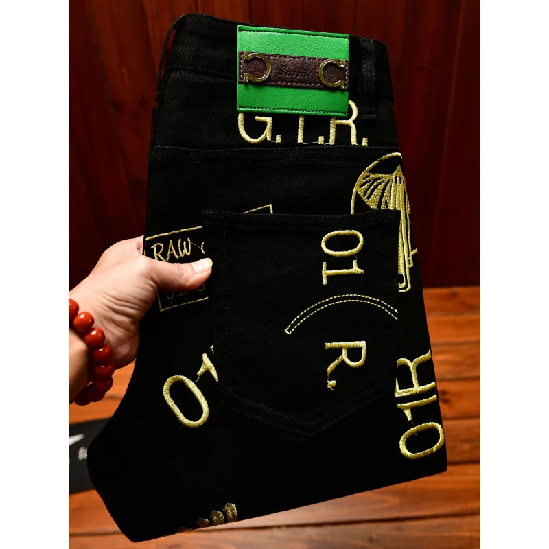 

Light luxury fashion embroidered printed jeans men's black slim fit small feet trendy personality street cool autumn pants