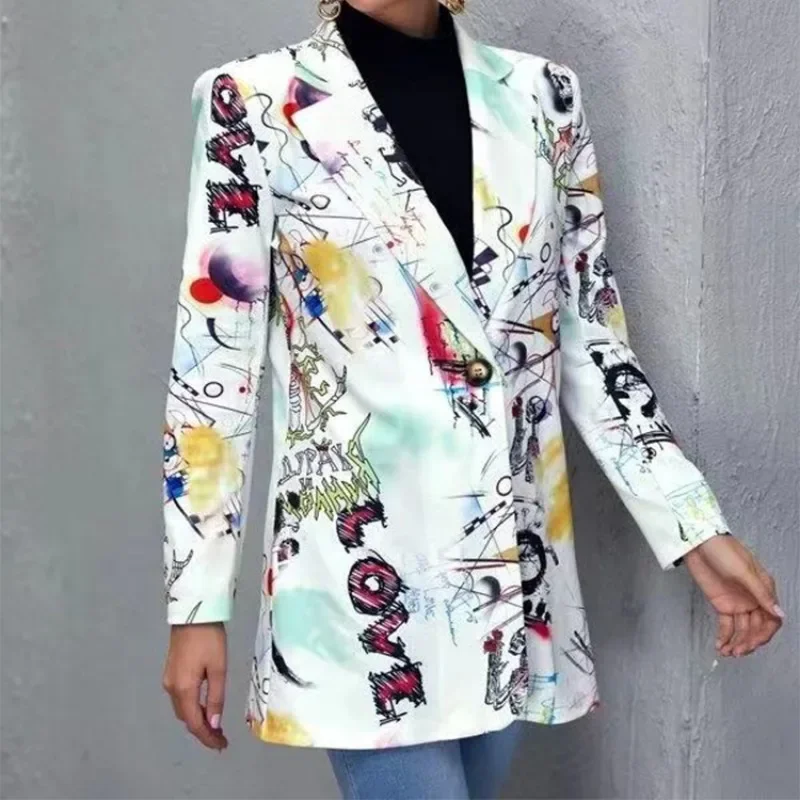 Blazer Zeitungen Muster Frauen Indie Ästhetischen Druck Single Button Anzüge Schwarz Weiß Frau Oversize Mode Lose Blazer Neue