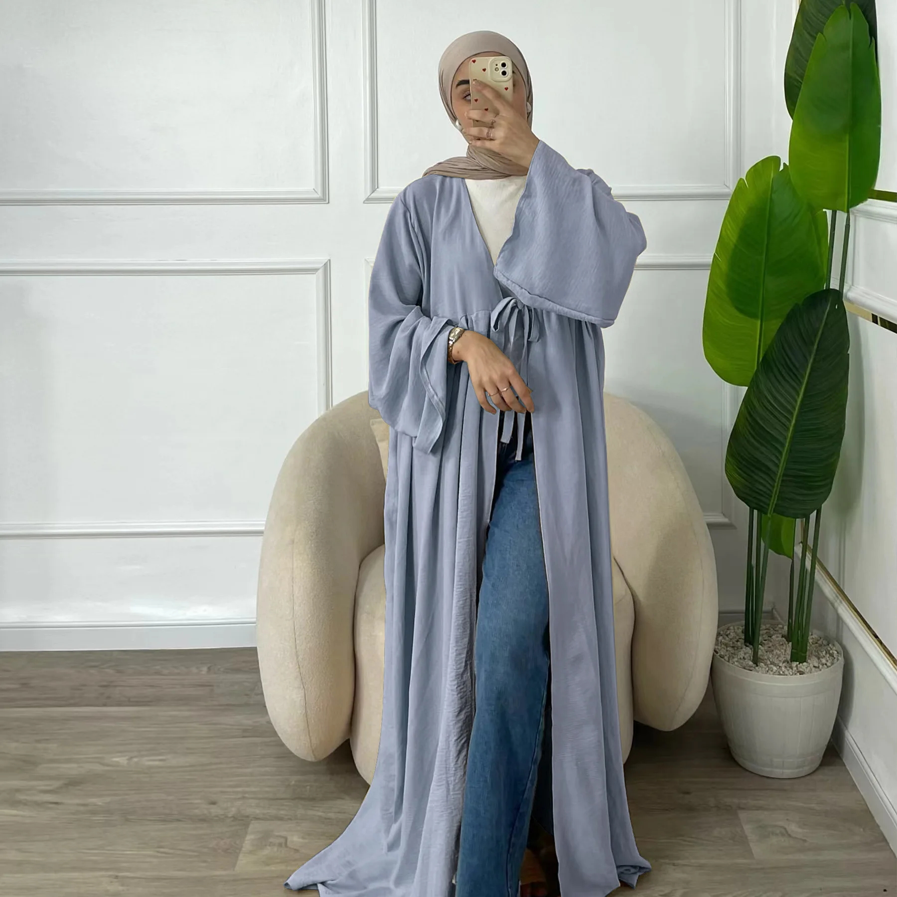 Casual Muslim Fashion Abaya Party Lace-Up Cardigan Robe Turkey  Autumn Woven Loose Fit Solid Pattern Dubai Dress