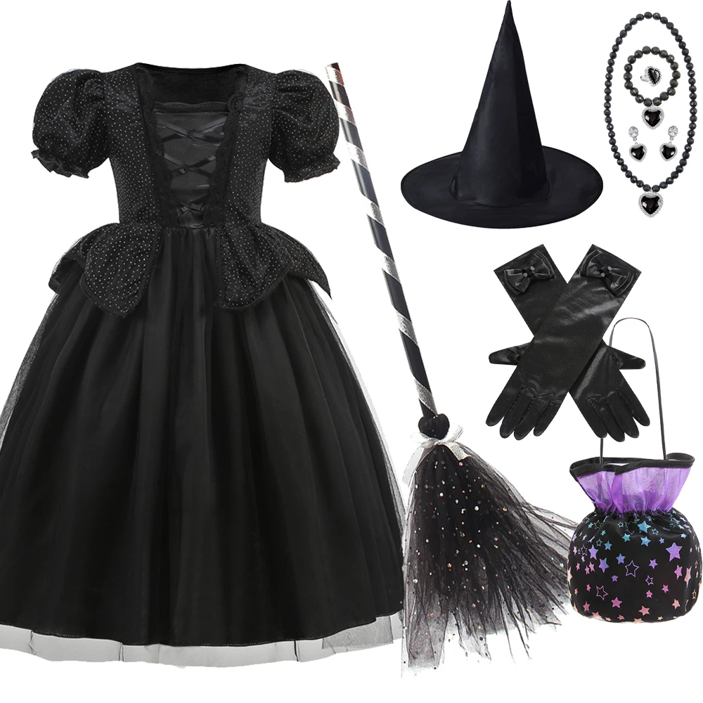 Black Witch Gown Dress For Girls Kids Halloween Short Sleeve Embroidered Soft Fancy Role Playing Costume Carnival Party Stage view 6