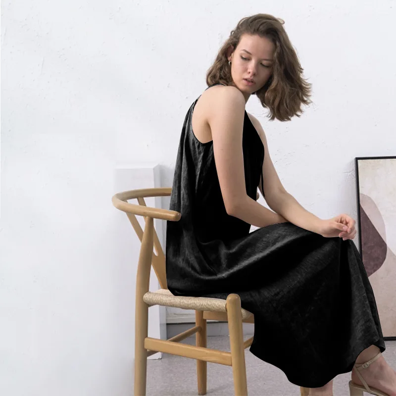 Summer Linen Strapless Halter Dress Women's Bandage Front And Back Wear Chic Elegant Casual Long Dresses Female Clothing