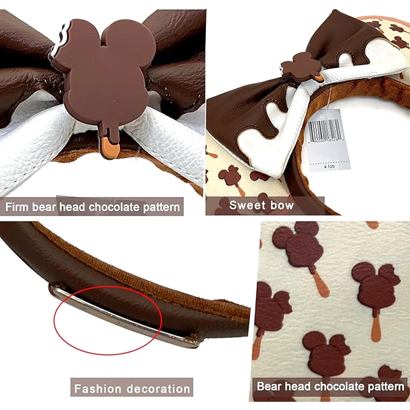 Headband Es Krim Mickey Bermerek Disney Co untuk Dewasa/Anak-anak Disneyland, Kulit PU Cokelat dengan Pita di Telinga, Hadiah Natal untuk Wanita