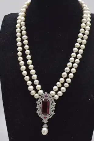 

2rows freshwater pearl white near round 8-9mm necklace red zircon nature beads wholesale 17-18inch