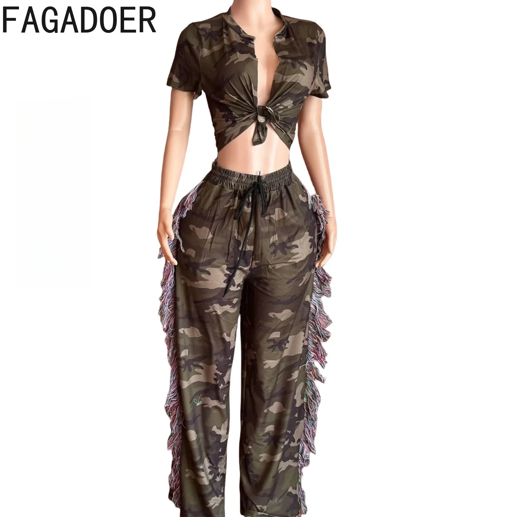 FAGADOER Camouflage Print 2 Piece Outfit Set Womens Bandage Lace-up Crop Tops and Tassels Fringed Pants Suits Street Clubwear