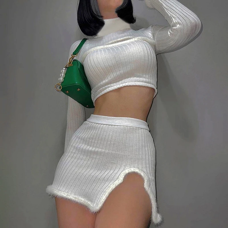

OMSJ Y2k Pure White Tight Hot Two Piece Sets 2024 Fur Trim Trend Women Outfit High Neck Long Sleeve Crop Top+One Side Slit Skirt