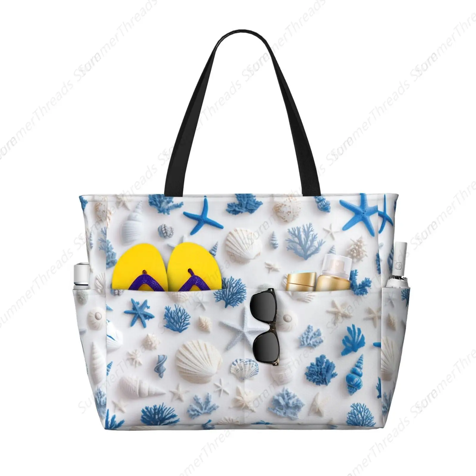 

Beach Tote Bag for Women 3D Seashell Starfish Pattern Beach Bag Waterproof and Sandproof Pool Tote Bag with Wet Bag