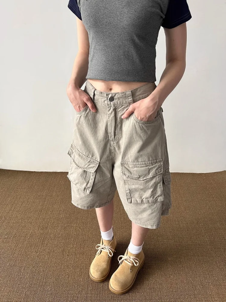 

Retro American Workwear orts Men's Loose Waed Straight Leg Multi-ket Five-Quarter Trendy Casual Pants for Teens