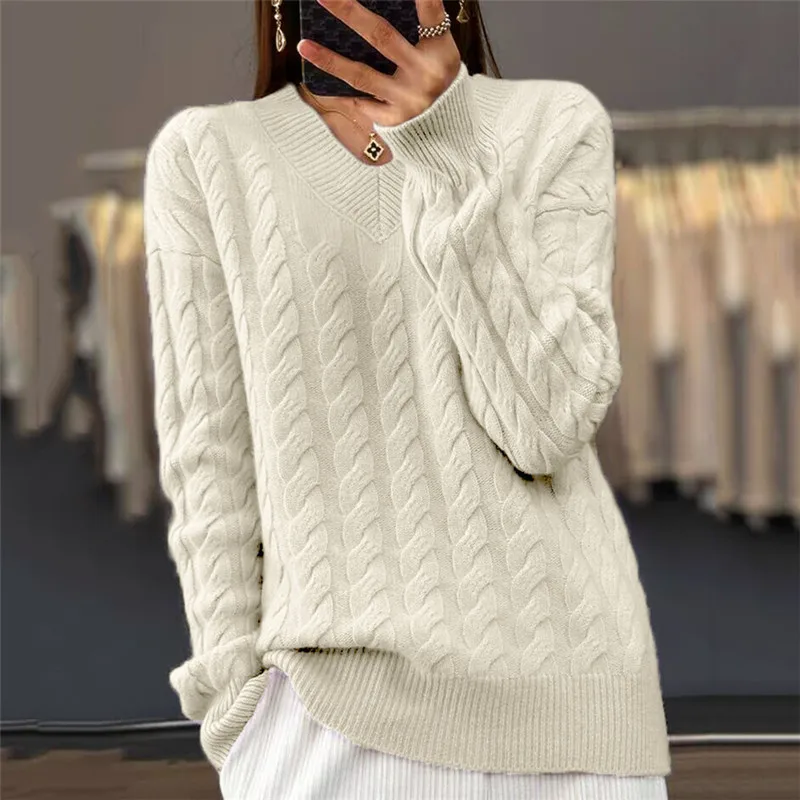 V-Neck Women's Sweater Autumn Winter New Fashion Long Sleeved Knit Pullover Warm Solid Basic Wool Female Tops Knitwear