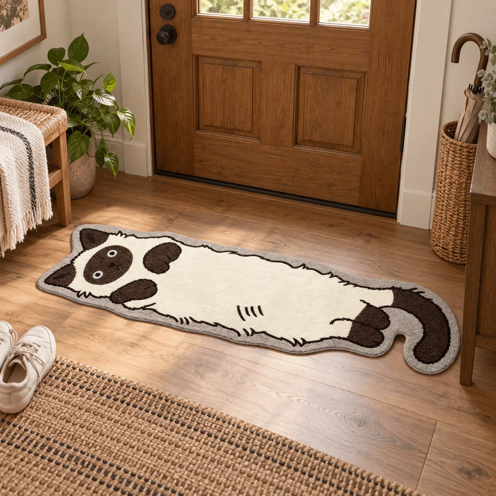 Cute Long Siamese Cat Shaped Area Rug Soft Flannel Non Slip Floor Mat For Bedroom Hallway Entryway Living Room Home Decor Gift