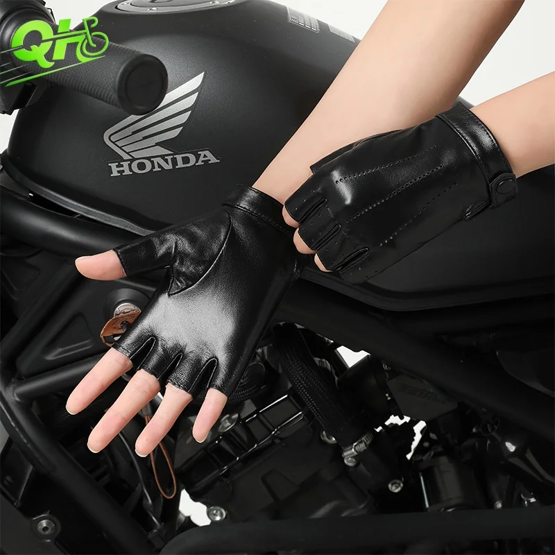 

Women Motorcycle Genuine Leather Gloves Electric Scooter Half Finger Sheepskin guantes moto Wear Resistant Breathable Guants