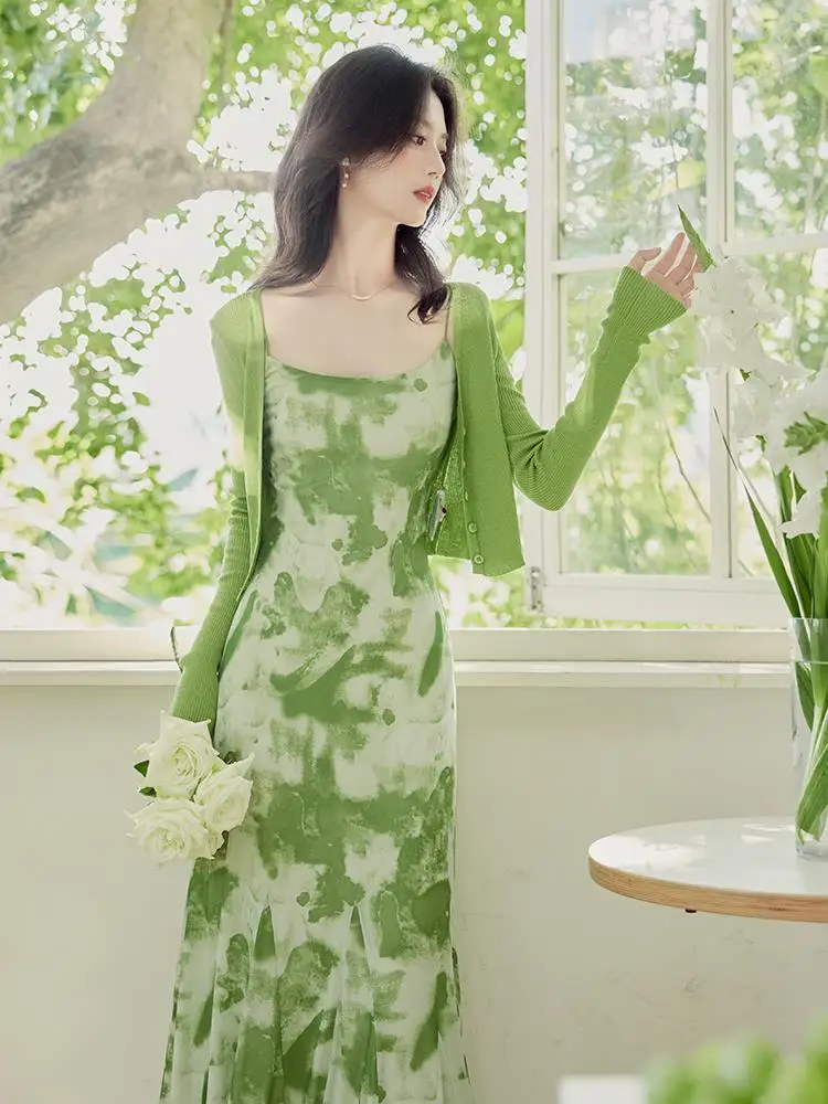 

Summer New French Irregular Hem Halo Dyed Green Strap Camisole Dress Women Clothing Long Dress Set Short Cardigan Two Piece Set