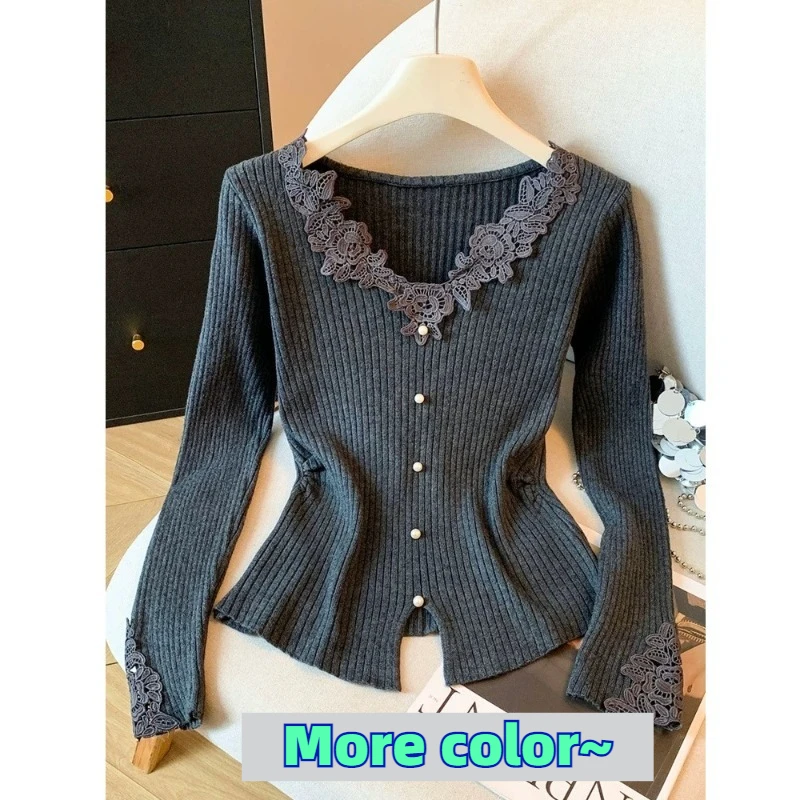 

Французский нежный кружевной вязаный свитер с v-образным вырезом, женский осенне-зимний свитер, тонкий пуловер с узким низом, топ