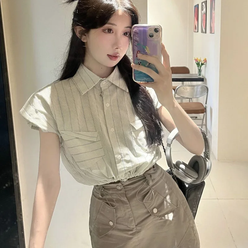 Summer New Fashion Western-style Striped Slimming Short Sleeved Shirt High Street Casual Comfortable Skin Friendly Women's Top