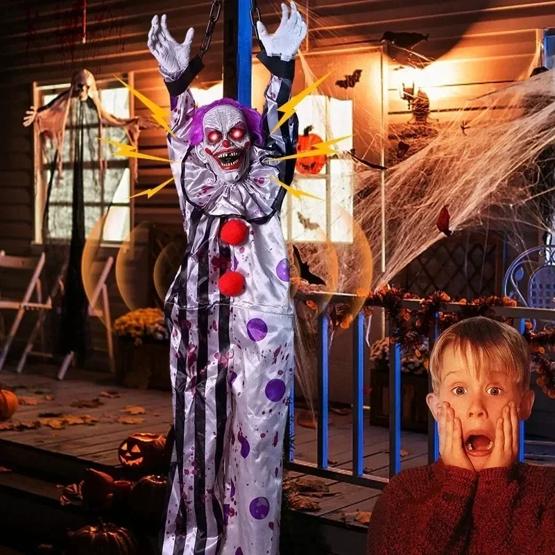 Hanging Scary Clown Halloween Prop Sound Touch Activated Talking Decoration with Light Up Eyes for Haunted House Yard Party ﻿