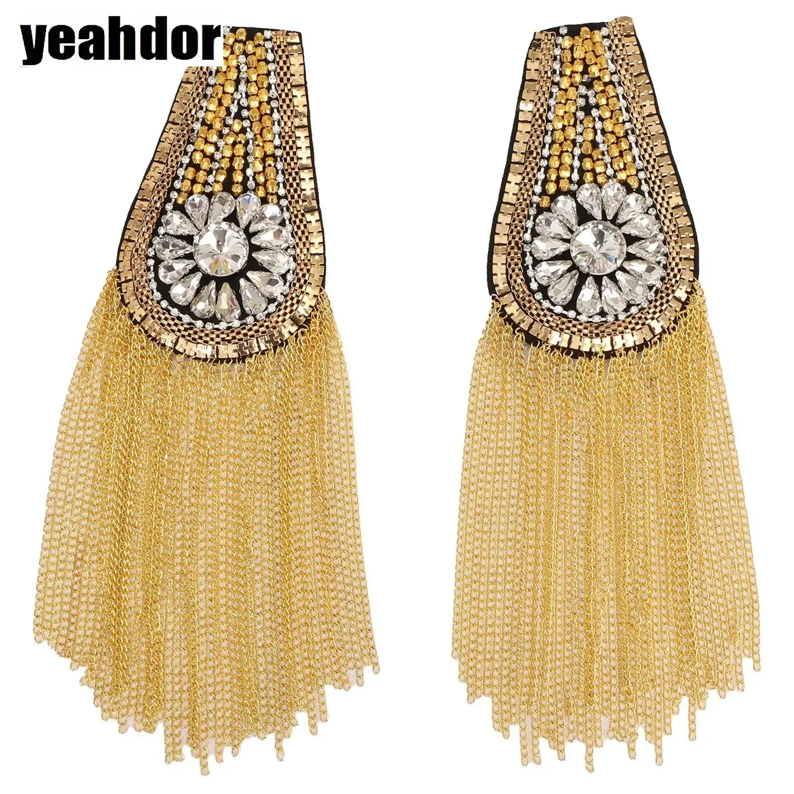 

2Pcs Fashionable Retro Beaded Metal Fringe Crystal Shoulder Embellishment Suit Accessory Epaulets with Two Pins for Party