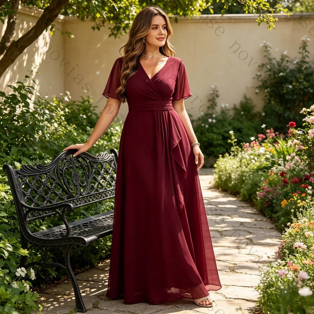 Customized Plus Size V-neck Chiffon Evening Dress 2026 New Short Sleeved Pleated Elegant Ball Gown Suitable for Beach Parties