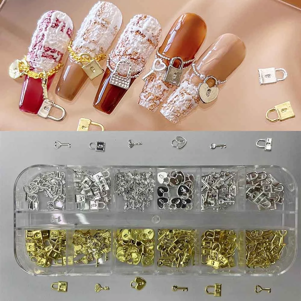 12 Grids Gold Silver Metal Lock Key Nail Charms Love Heart Butterfly Jewelry DIY Decoration Parts Valentine's Manicure Accessori