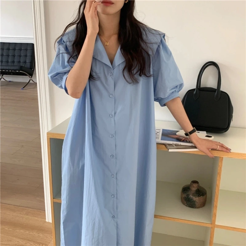 Summer Navy Leader Puff Sleeve Fashion Midi Dress Women High Street Casual Elegant Loose Solid Color Button Patchwork Dresses