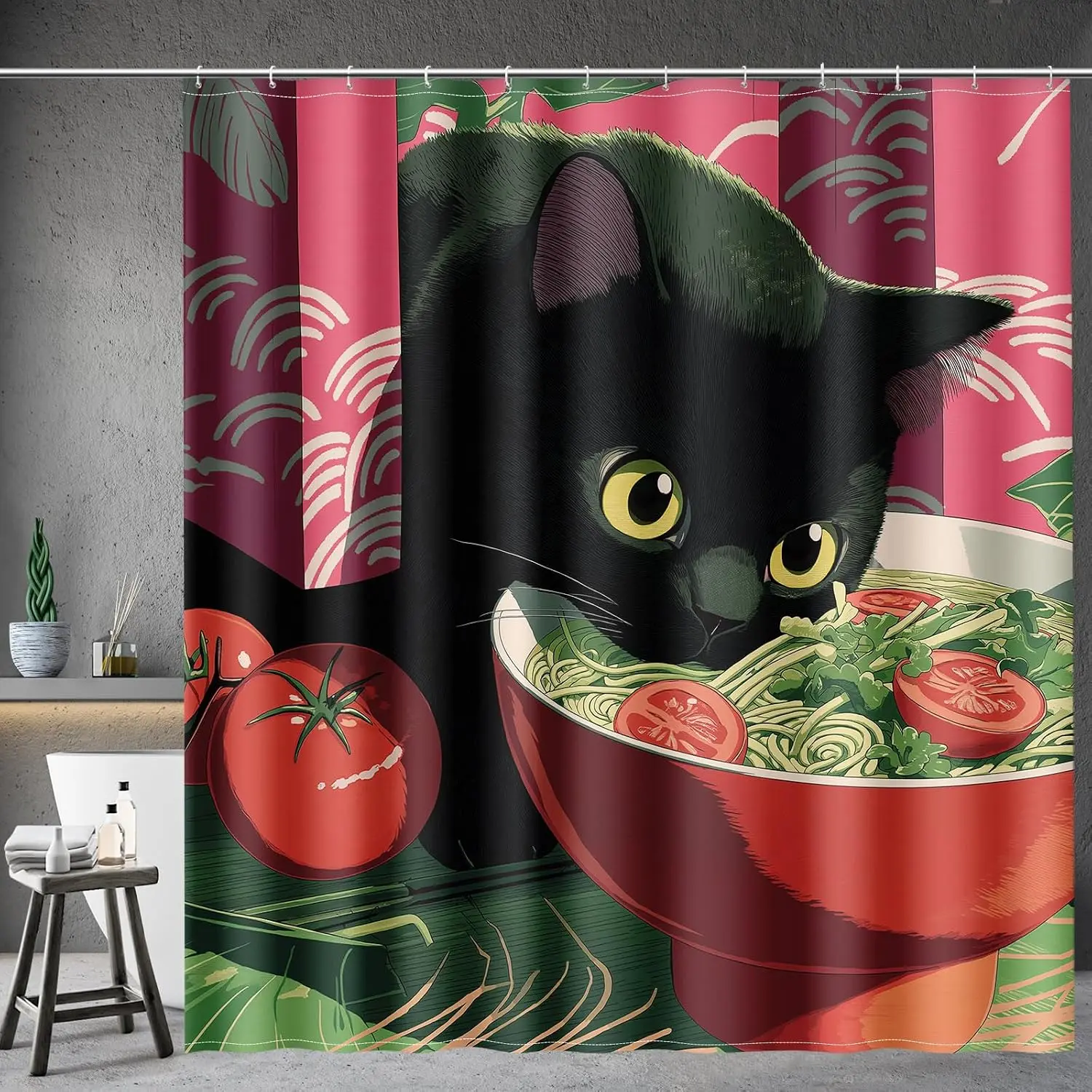 Funny Black Cat Ramen Shower Curtain, Cute Noodle Bowl Print, Japanese Style Bathroom Decor, Waterproof Polyester Fabric