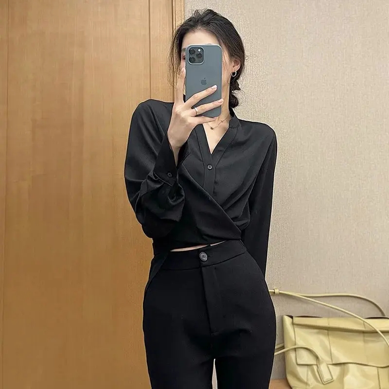 V Neck Y2K Blouse Spring Autumn New Long Sleeve Solid Color Bandage Korean Short Shirt Tops Elegant Temperament Women Clothing