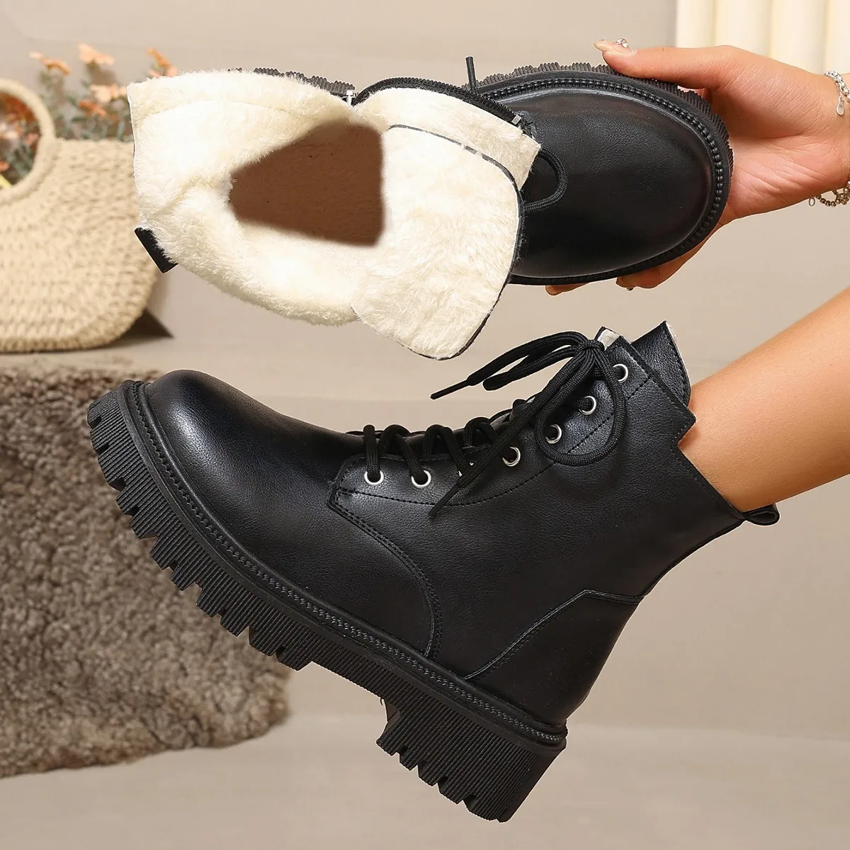 Winter Warm Short Plush Ankle Boots Women Fashion Zip Lace Up Platform Combat Boots Woman Comfy Low Heels Pu Leather Botas Mujer