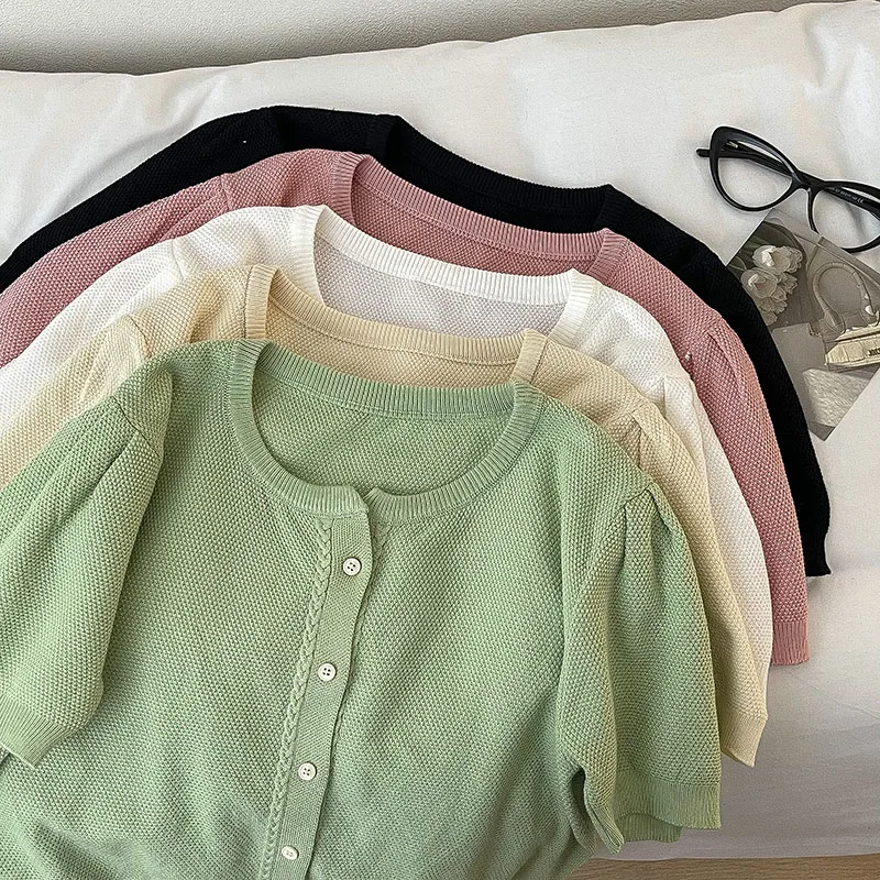 

Однотонный вязаный свитер женский ort Sve Straight Tube Top Summer New Sle Korean Version Low round Ne Button up Ca...