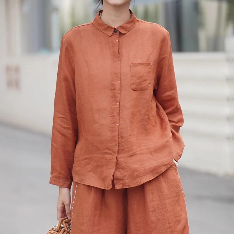

Женская льняная рубашка с длинным рукавом, новинка 2025, весна, винтажный стиль, однотонные свободные удобные женские повседневные топы, рубашки M1570