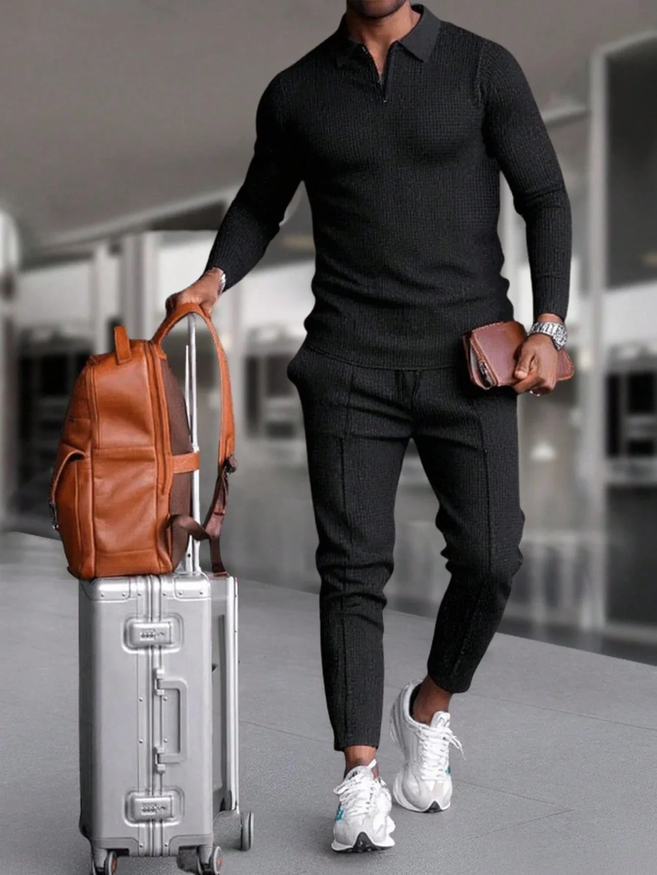 

Men's Black Solid Zip Polo Long Sleeve Top And Drawstring Pants Two Piece Casual Set Travel Outfit