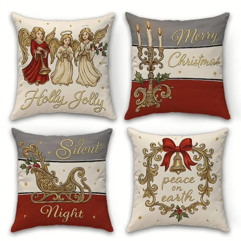 4pcs Christmas Pillow Covers – Elegant Angel and Candle Design Festive Cushions for Living Room Bedroom and Home Decor