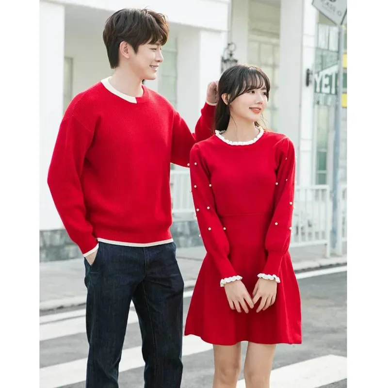 New Year 2023 Family Matching Red Sweater Christmas Dad Son Knit Jumper Tops Chinese Mother Daughter Combination Knitted Dress