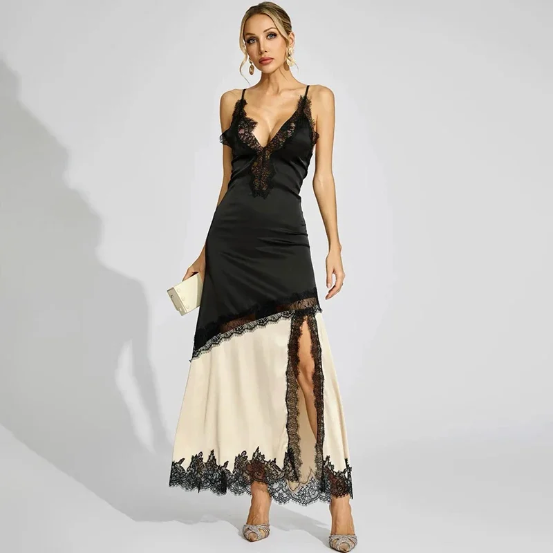 

Splice Lace Long Spaghetti Strap Dress Female Elegant Fashion Sleeveless Party Dress Women's Sexy Slim V neck Dress New