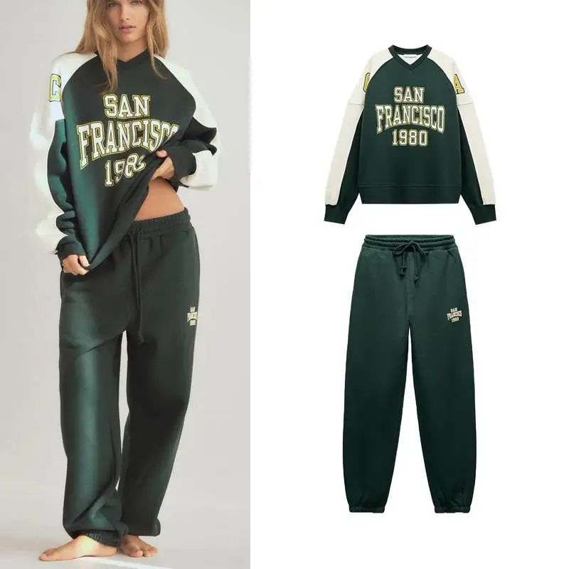 

New Women's Elastic Waist Running Pants Long Sve Printed School Sle Sweatirt Two Piece Set Long Pants Autumn Winter