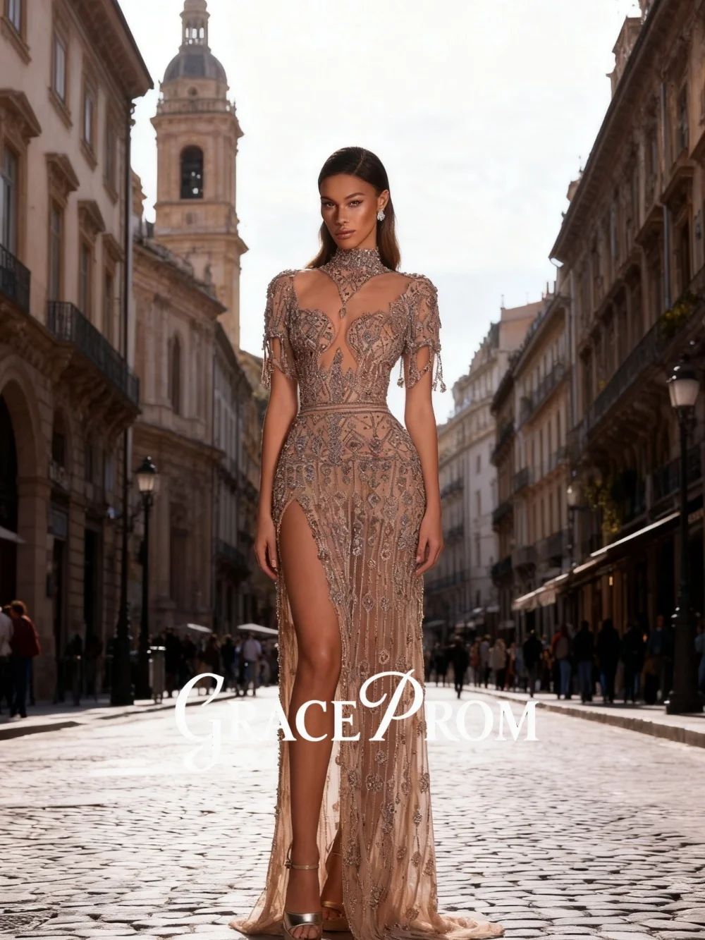 

GraceProm Champagne Crystal Evening Dress Glamorous High-Neck Mesh Floor-Length Party Gown Formal Slit Sheath Shiny Party Gown