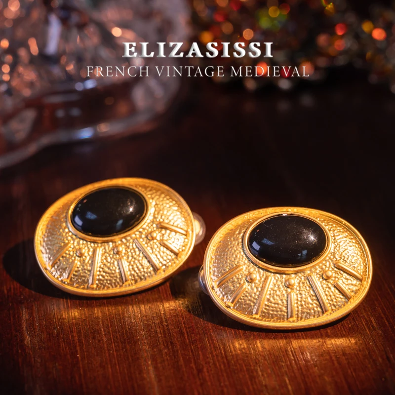 

Fashionable and luxurious earrings with gold-plated inlay and black agate craftsmanship, retro women's jewelry