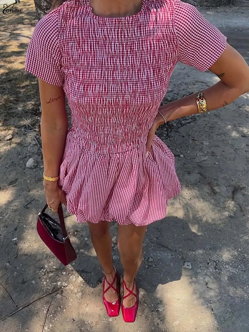 

Oymimi Elegant Red Print Women's Dress Fashion O-Neck Short Sleeve Pleated Dresses Autumn High Waisted Mini Dresses Streetwear